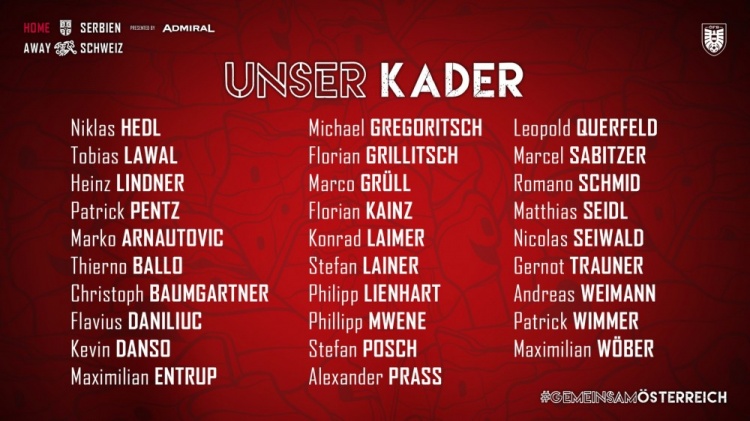 阿拉巴伤缺！奥地利欧洲杯29人名单：阿瑙、莱默尔、萨比策在列